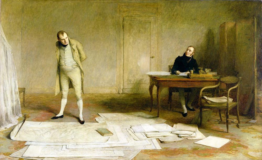 Napoléon en train de dicter ses mémoires à Emmanuel de las Cases lors de son exil à Sainte-Hélène.