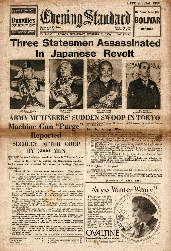 L'armée japonaise poursuit ses agressions à l'encontre des hommes politiques. Début 1936, les hautes instances militaires ordonnent la liquidation des membres influents du gouvernement. Le Premier ministre Okada échappe de justesse à l'attentat mais trois de ses ministres sont passés par les armes.