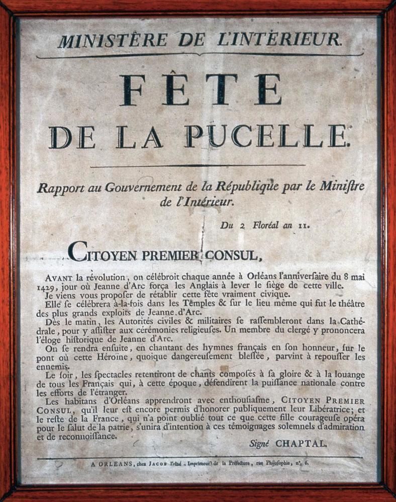 Circulaire d'autorisation de la Fête de la Pucelle à Orléans, consacrée à Jeanne d'Arc, signée par Jean-Antoine Chaptal en 1803.