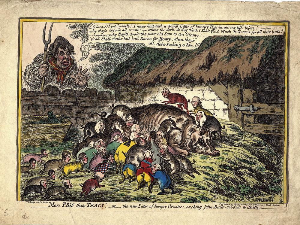 More Pigs Than Teats, James Gilray, 1806. Caricature sur le fardeau fiscal britannique, trois fois et demie plus important que dans l'Empire français.