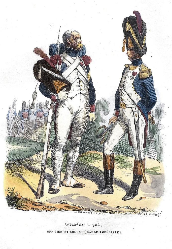 Page de gauche : un soldat et un officier du 1er régiment de grenadiers à pied de la Vieille Garde.