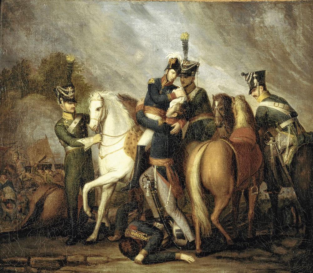 Guillaume II, roi des Pays-Bas, blessé à la bataille de Waterloo, Jean de Landtsheer, 1815. Le roi entraînant de jeunes soldats à l'assaut reçoit une balle dans l'épaule.