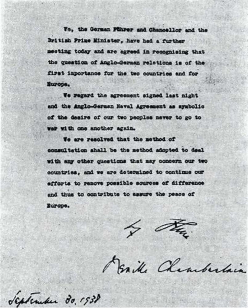 L'accord de Munich signé par Hitler et Chamberlain.