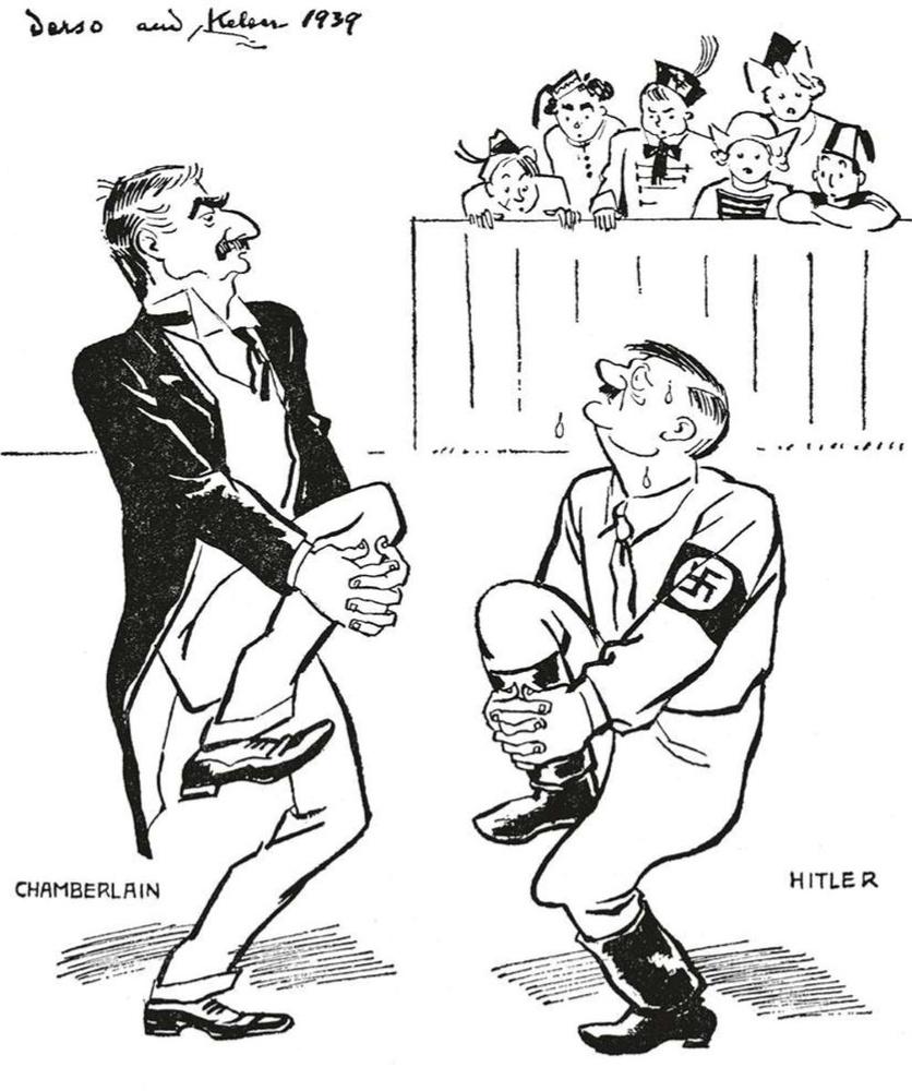 Caricature d'Alois Derso et Emery Kelen (1939). Chamberlain et Hitler se donnent un coup de pied dans le tibia.