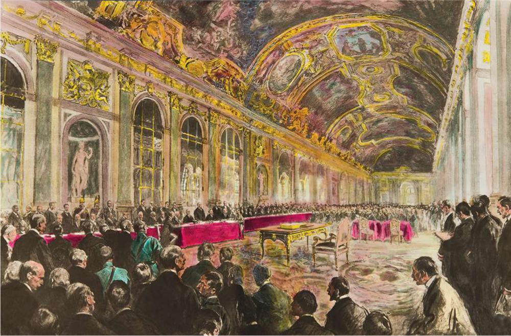 Signature solennelle du traité de paix entre l'Allemagne et les Alliés dans la galerie des Glaces du château de Versailles, le 28 juin 1919.