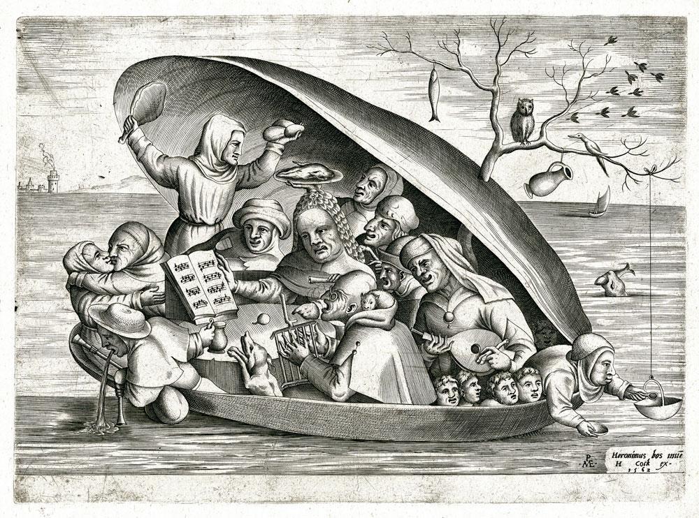 Musicians in a Mussel Shell, Anonyme à la manière de Bosch, gravé par Pieter van der Heyden, 1562.