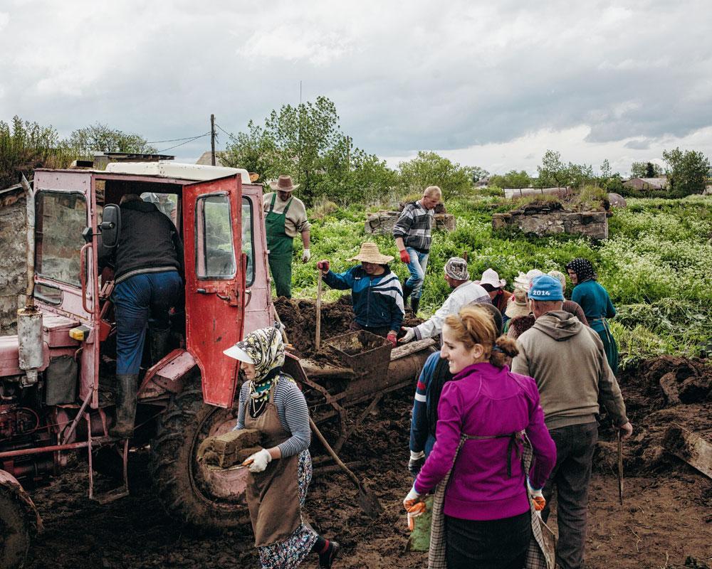 Dans l'ancien village russe de Gorelovka, des migrants d'Adjarie relocalisés à la suite des glissements de terrain confectionnent des briques de bouse séchée pour se chauffer l'hiver.