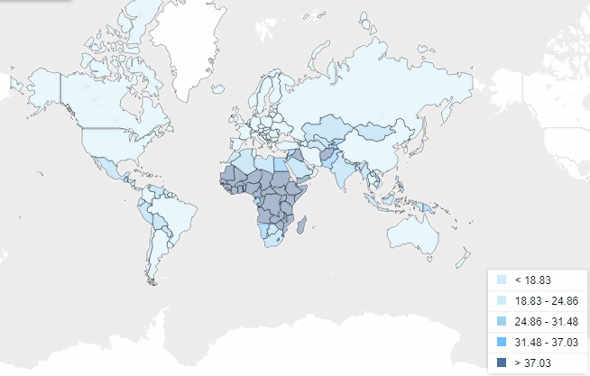 Pourcentage de la population ayant entre 0 et 15 ans. Carte mondiale représentant les données pour 2018.