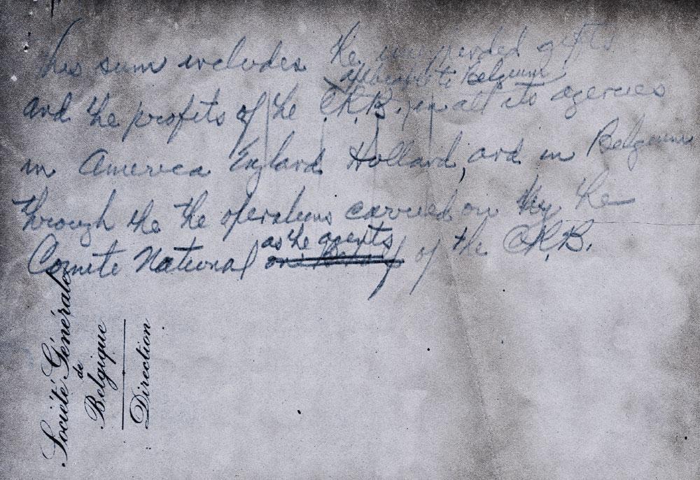 Le brouillon de la lettre du 28 août 1919, rédigé sur du papier à en-tête de la Société générale de Belgique : la griffe de Francqui.