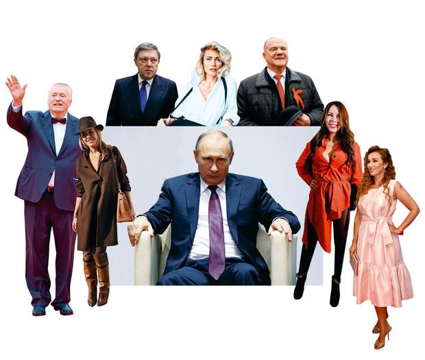 Le président Vladimir Poutine (au centre), entouré de ses concurrents à la présidentielle. De g. à dr. : Vladimir Jirinovski, Grigori Yavlinski, Ekaterina Gordon, Guennadi Ziouganov, Ksenia Sobtchak, Elena Berkova et Anfisa Chekhova.