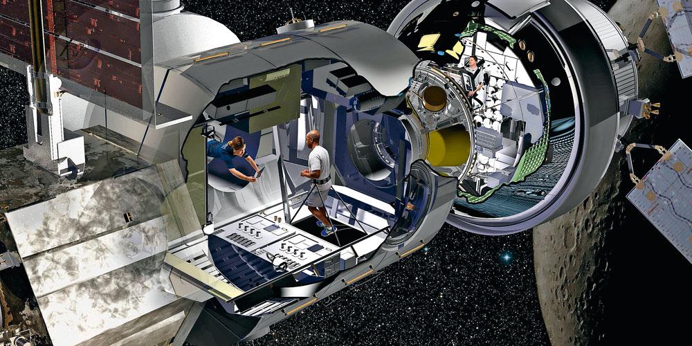 Le vaisseau Orion (ci-dessus) s'arrimera au complexe spatial (ici, imaginé par l'américain Lockheed Martin) destiné à accueillir les astronautes.