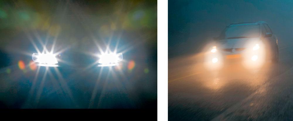 Exemples de cercles lumineux qui peuvent gêner la conduite de nuit. Exemple d'éblouissement (glare) et de halo. 1. éblouissement. 2. halo.