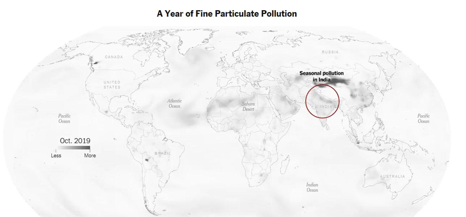 Carte interactive de l'évolution des particules fines dans le monde sur l'année écoulée. 