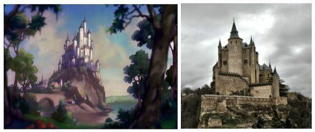 Le château du dessin animé Blanche-Neige et les sept nains et l'Alcazar de Ségovie 