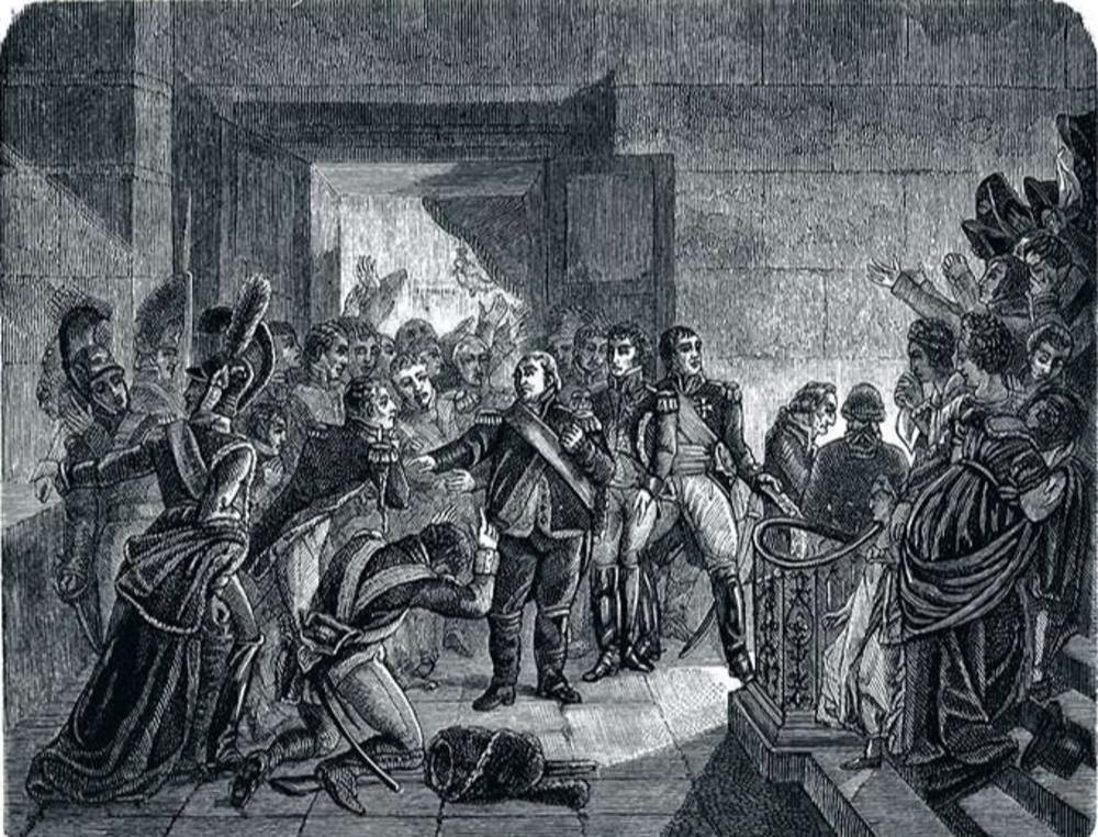 Louis XVIII quitte les Tuileries, le 19 mars 1815, après le retour de Napoléon de l'île d'Elbe.