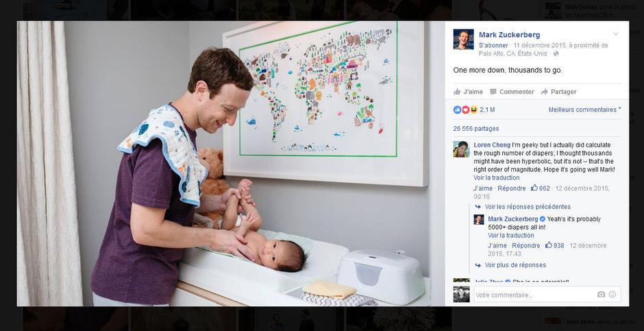 Mark Zuckerberg a été élu Papa de l'année 2015 par certains sites web qui découvraient que les hommes savaient aussi changer un couche...