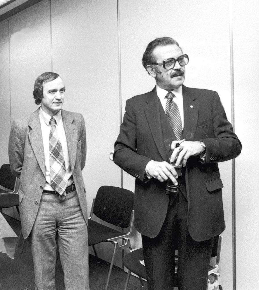 1980 : André Cools et Karel Van Miert, les deux derniers (co)présidents du PSB-BSP unitaire se revoient. Ca ne marchait plus très bien...