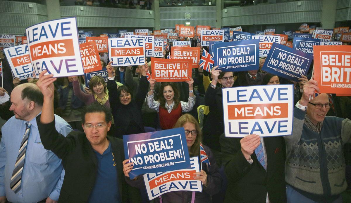 En décembre 2018, manifestation à Londres de partisans d'un Brexit dur, tel que défendu par Nigel Farage.