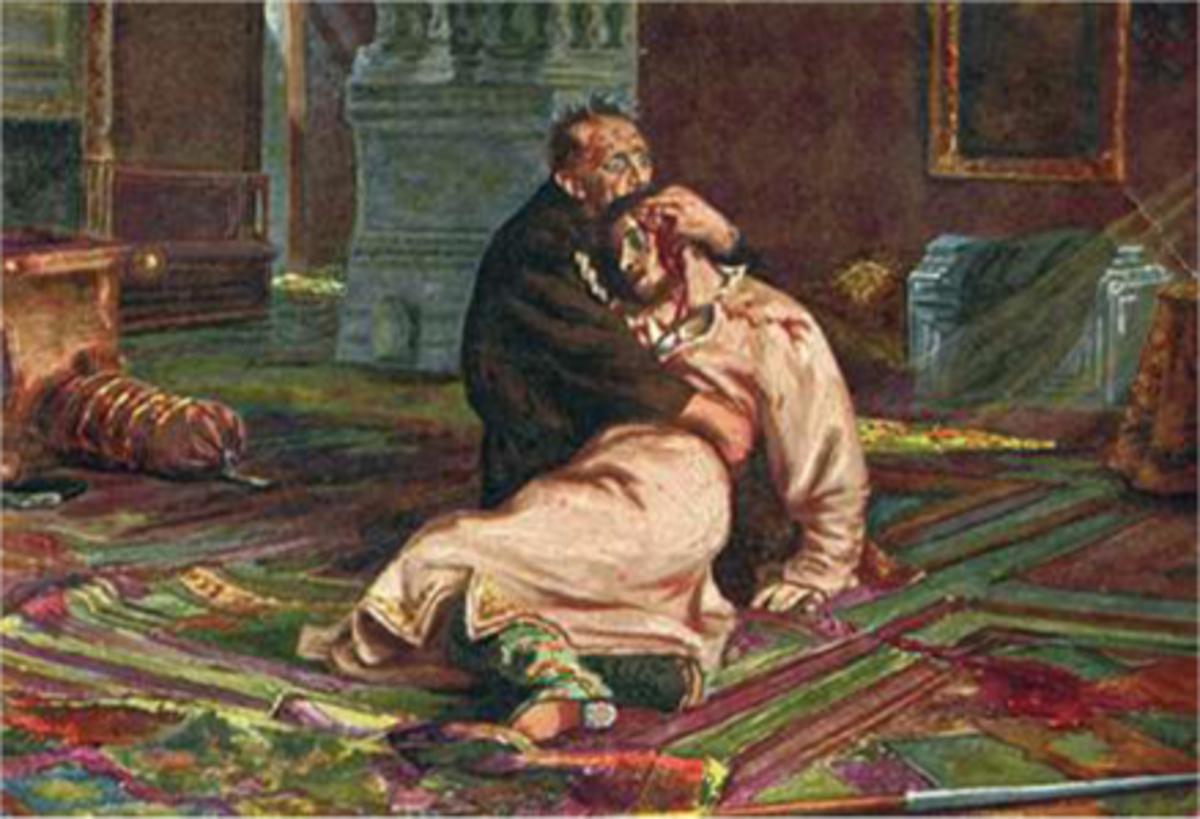 Ivan le Terrible pleure son bien-aimé fils Ivan, qu'il a lui-même assassiné dans un accès de fureur en 1581. Ilya Répine, 1885.