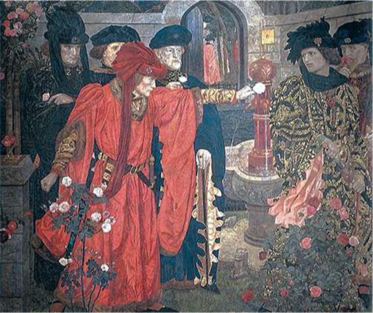 Peinture de 1908, d'Henry Payne, s'inspirant d'une scène de Henry VI, de Shakespeare, durant laquelle les membres des deux factions cueillent chacun une rose rouge ou blanche dans le Temple Garden pour marquer leur appartenance à l'un des camps.