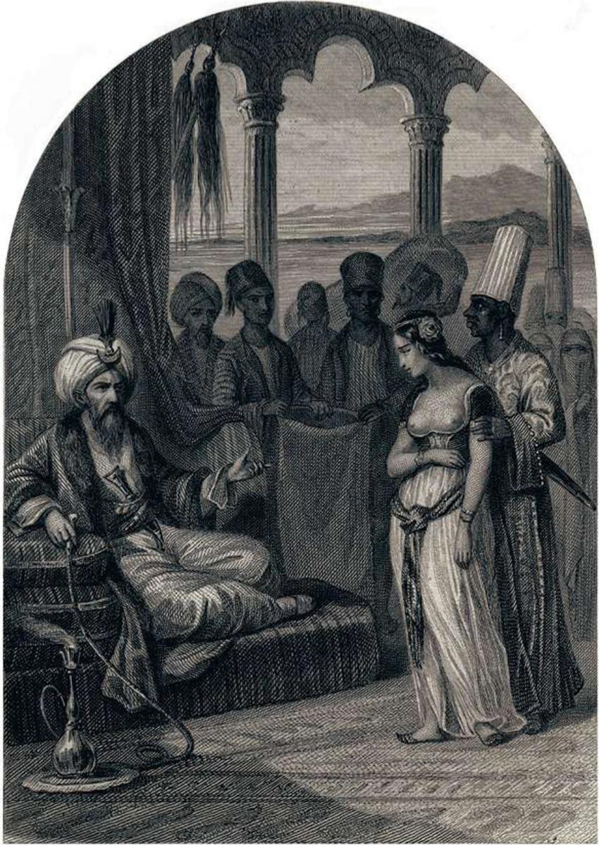 Le sultan Mehmet III (1566 - 1603) ordonnant l'exécution d'une femme de son harem. Gravure tirée du livre Les Prisons de l'Europe, d'Alboize et Maquet (1845). La légende du mauvais sultan est alors déjà largement répandue.