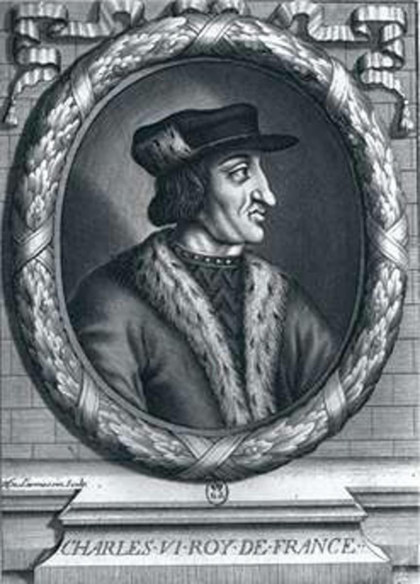 Comme l'économie se porte bien, Charles VI est initialement appelé le Bien-aimé. Cette période sera cependant de courte durée. Après quelques incidents, on n'utilisera plus que le surnom de Charles le Fou. Gravure de Nicolas De L'Armessin (XVIIes.).