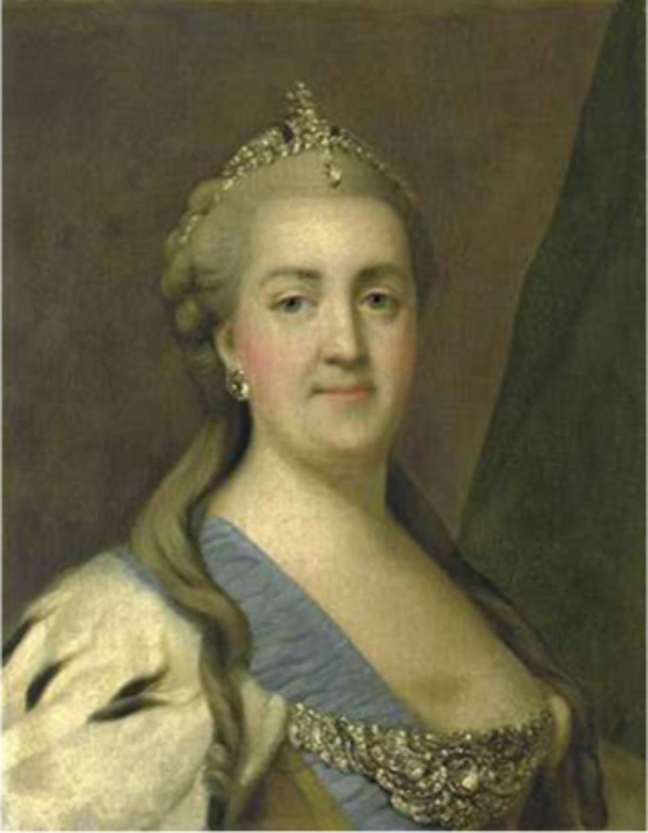 Portrait de Catherine la Grande, impératrice de Russie, peint par le Danois Vigilius Erichsen, peintre de cour de 1757 et 1772 à Saint-Pétersbourg.