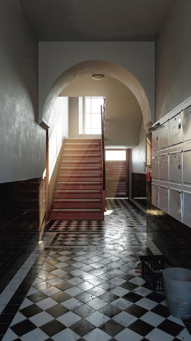 En tant qu'artiste spécialisé dans la 3D, Julius Hahmann a réalisé une vue du hall de son appartement berlinois hyperréaliste, y incluant même la peinture écaillée.