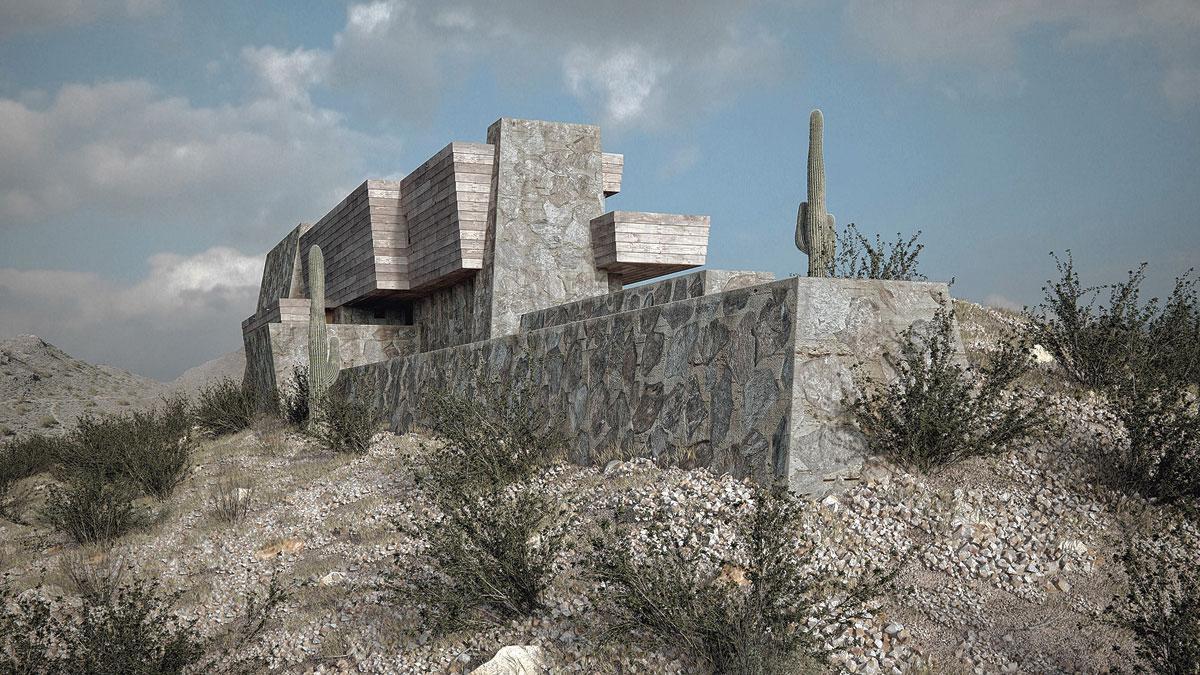 L'artiste espagnol David Romero conçoit des images 3D sur la base des projets non bâtis de Frank Lloyd Wright, à l'instar de cette Rose & Gertrude Pauson House.