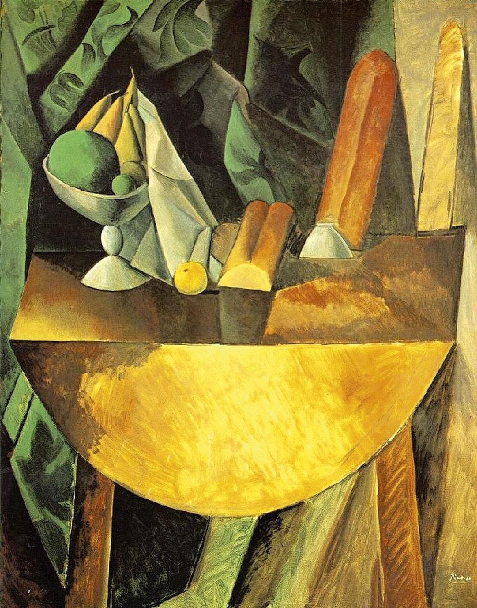 Picasso, pains et compotier aux fruits sur une table, 1909