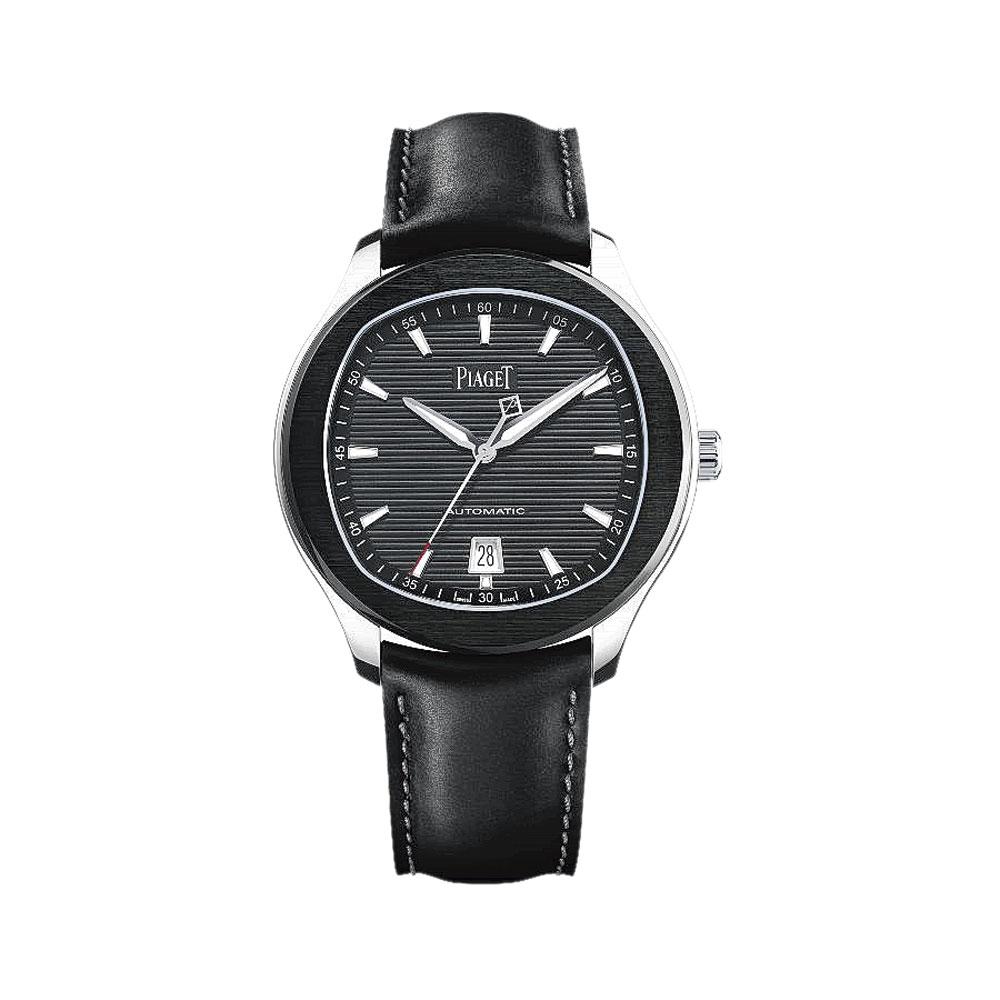 Une montre automatique Polo S, 42 mm, boîtier en acier et bracelet en cuir, Piaget, 10 500 euros