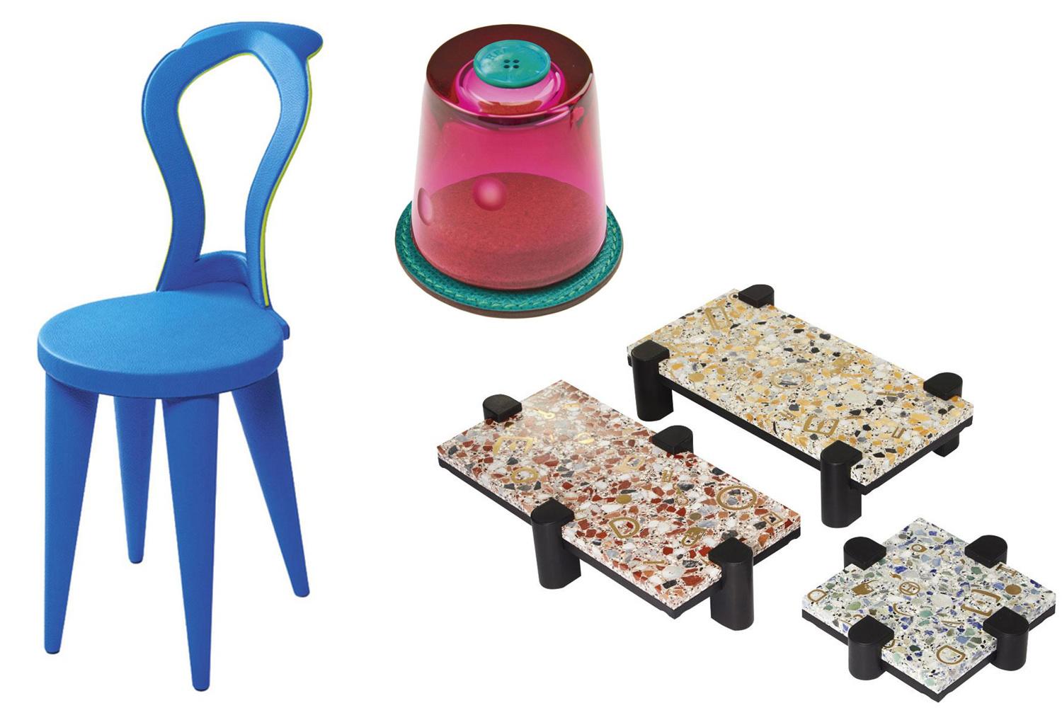 Une chaise habillée de cuir utilisé pour la sellerie / Une salière faite avec des rebuts de cuir et un bouton en nacre / Des tables en terrazzo, à pieds amovibles