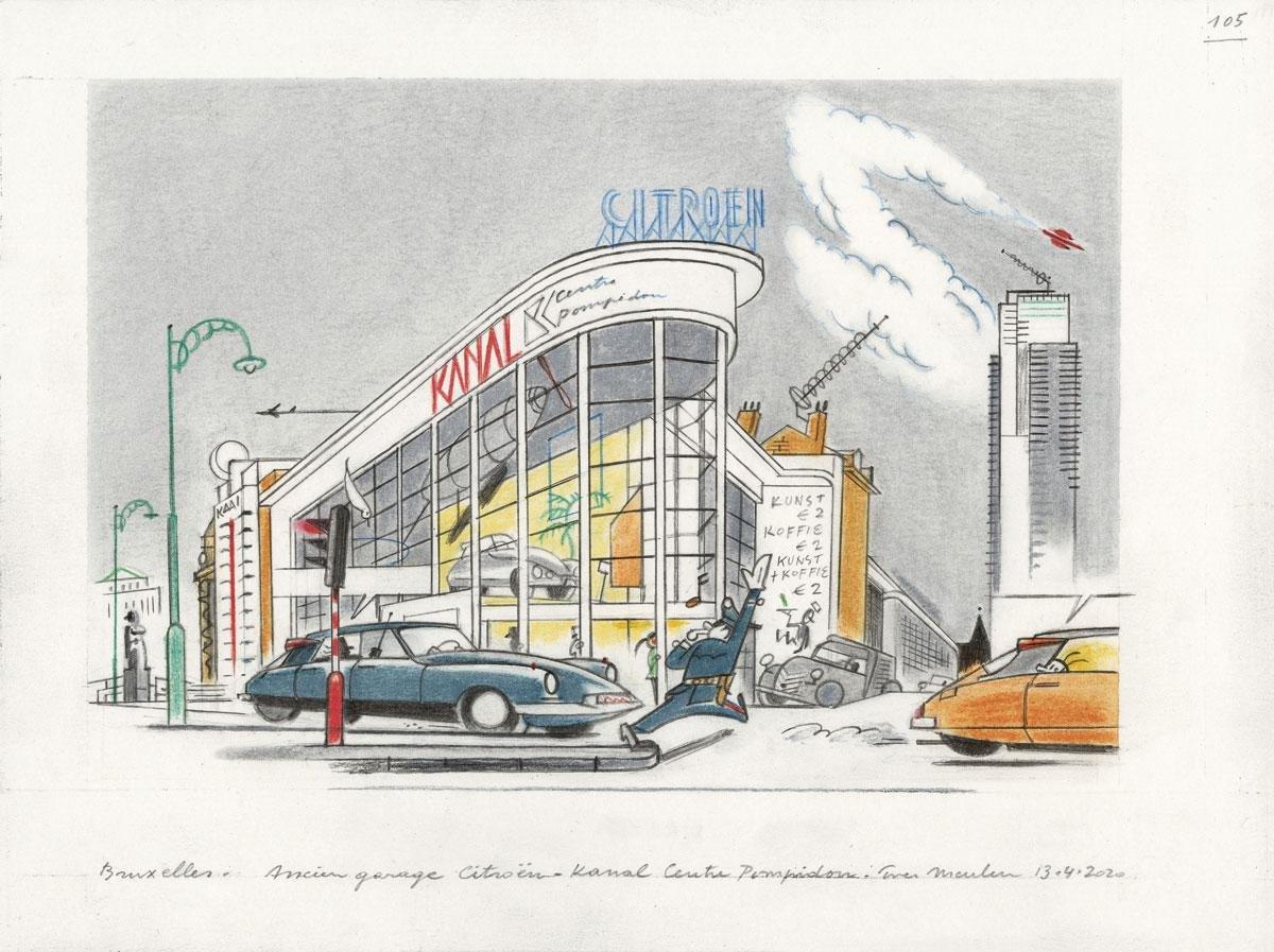 Des voitures Citroën devant l'ancien garage de la marque, désormais le Kanal-Centre Pompidou.