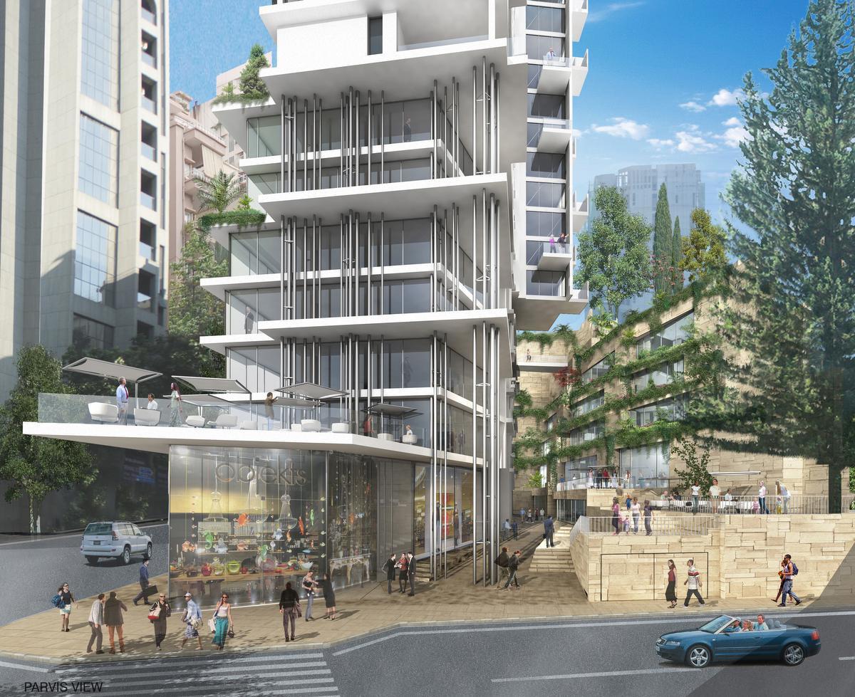 A Beyrouth, les bâtiments peuvent s'élever assez haut, comme dans ce projet mixte, mais la vie au niveau rue est néanmoins bouillonnante.