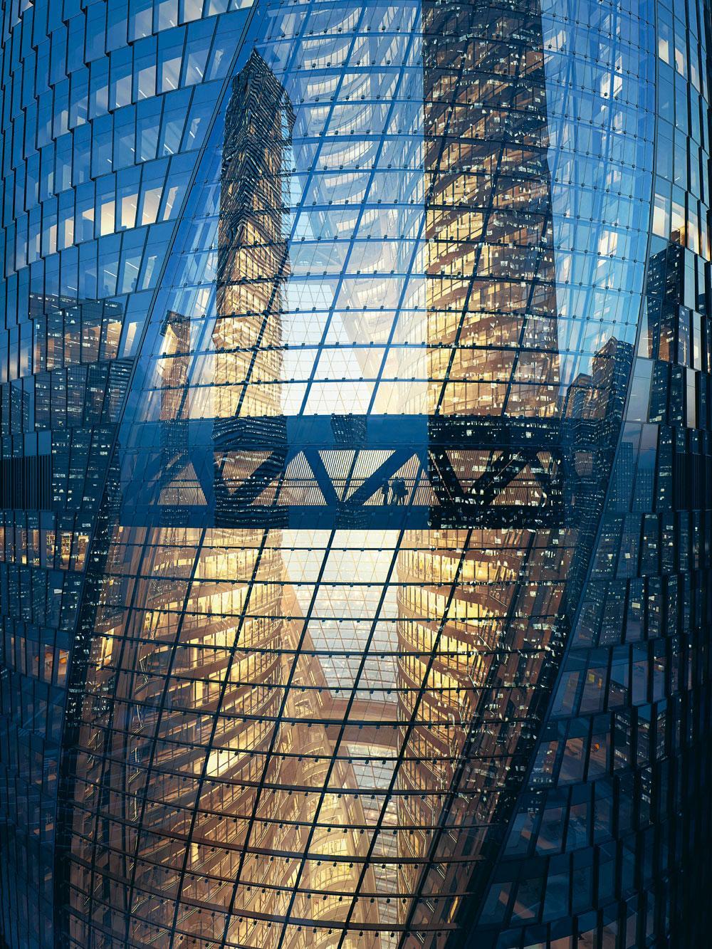 LA TOUR LEEZA SOHO, À PÉKIN (2015-2018) - Ce gratte-ciel est composé de deux entités donnant sur un atrium central - le plus haut du monde - qui relie les deux ailes entre elles. La 