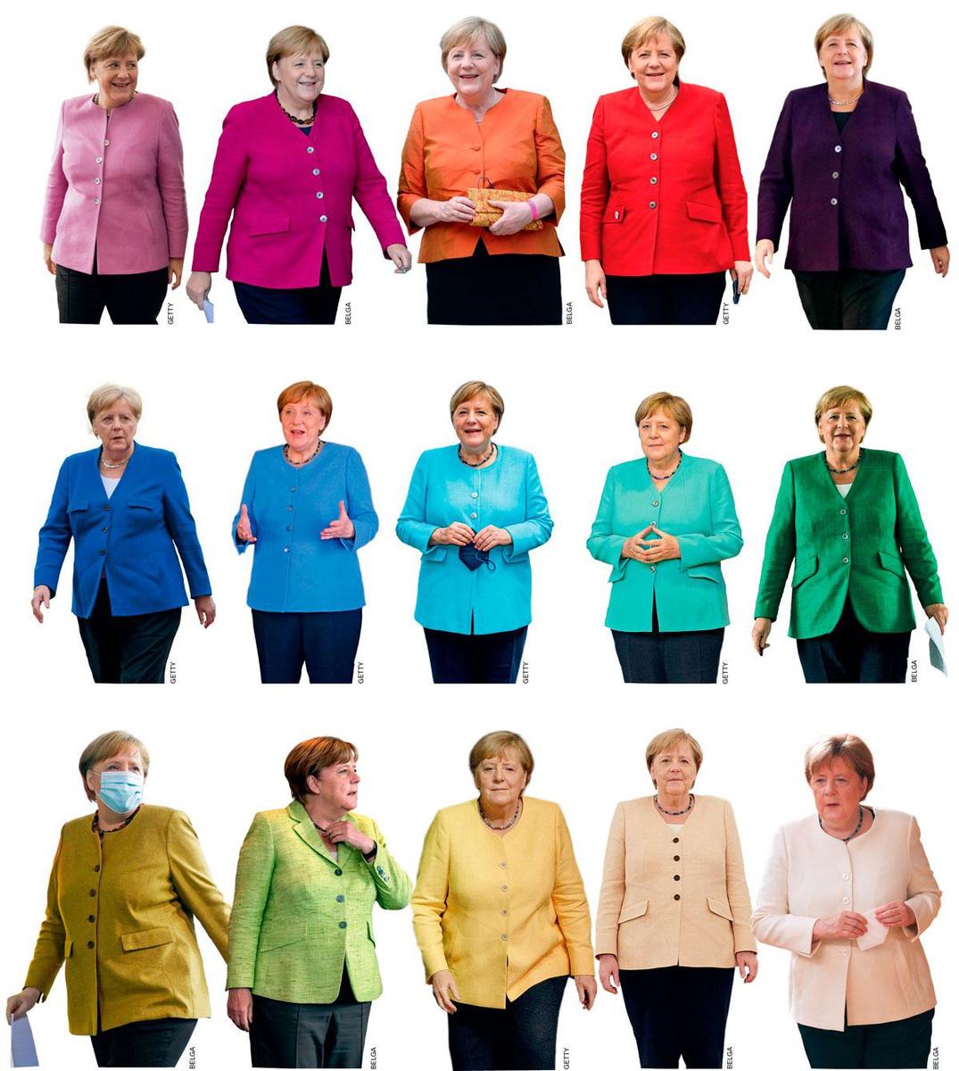 Angela Merkel, dans toutes les nuances de l'arc-en-ciel... Ses choix de couleurs auraient une signification.