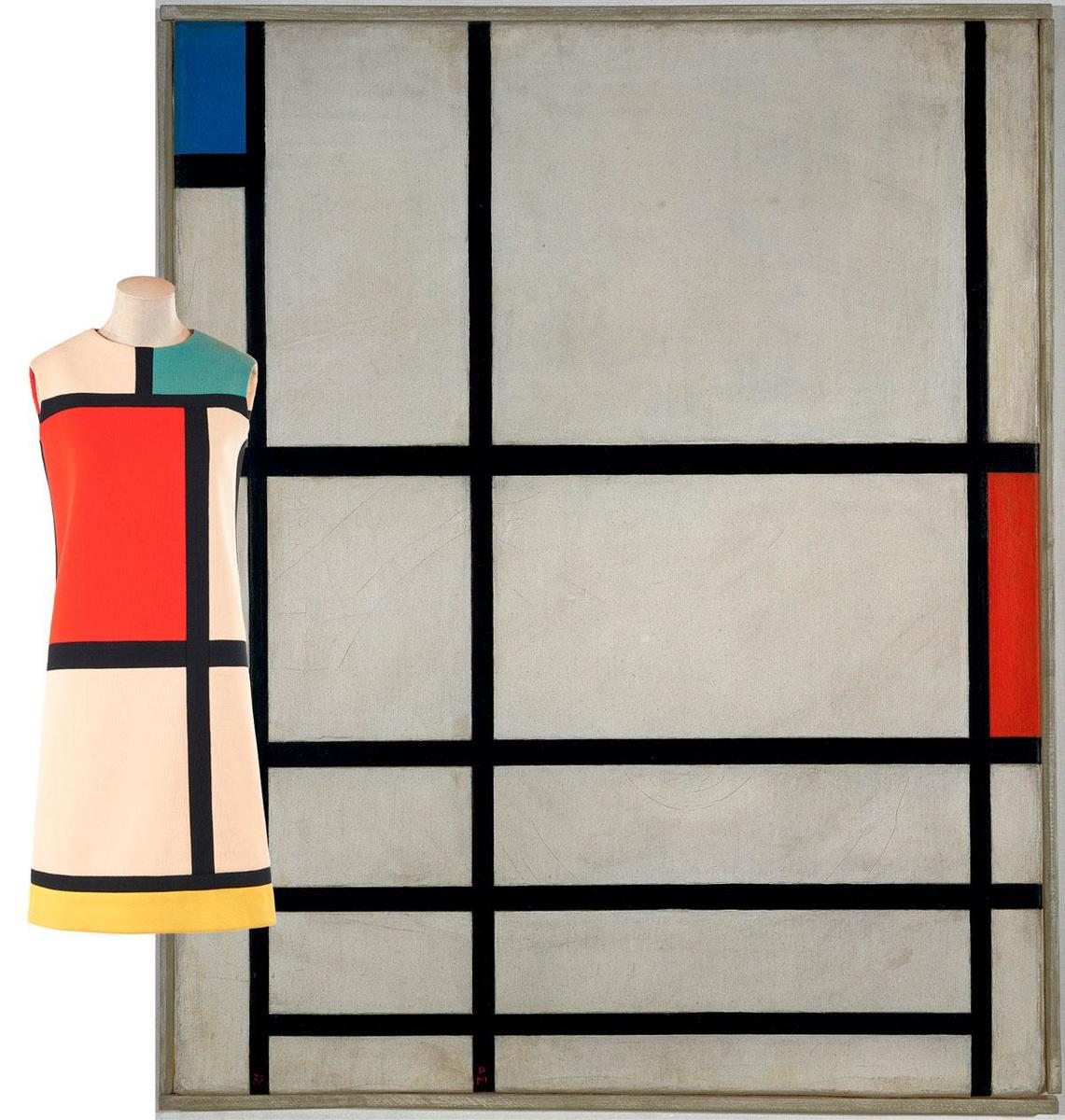 Composition en rouge, bleu et blanc II, de Piet Mondrian, et une robe signée par le créateur (1965).