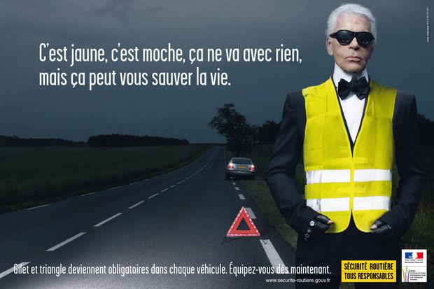 En 2008, Lagerfeld met son sens de l'humour et de l'autodérision au serice de la sécurité routière pour une campagne mémorable 