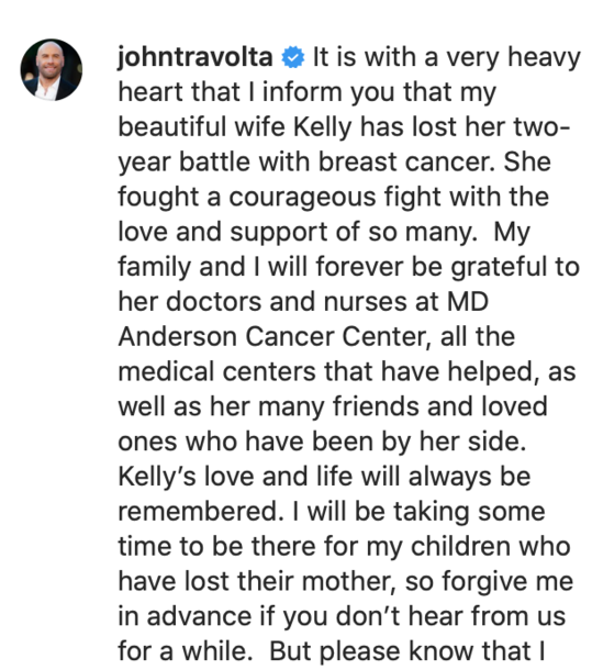 Vrouw van John Travolta overleden aan borstkanker