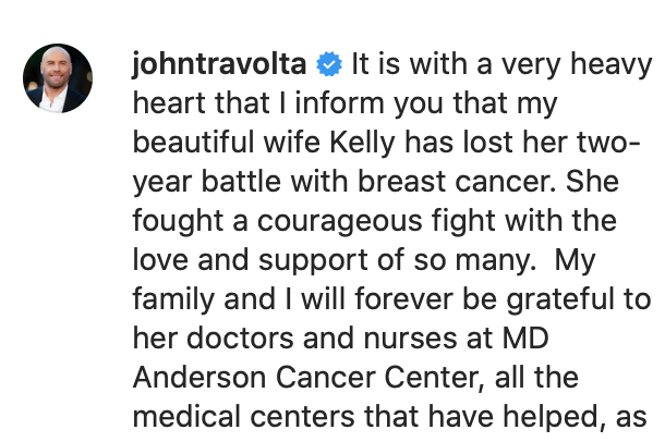 Vrouw John Travolta overleden aan borstkanker