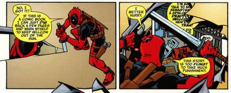 Deadpool utilise son statut de personnage de comics pour faire avancer le récit.