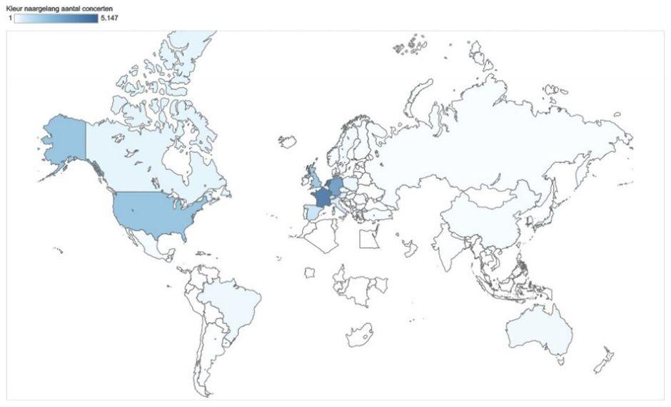 Les 109 pays où au moins un artiste belge s'est produit entre 2013 et 2017.