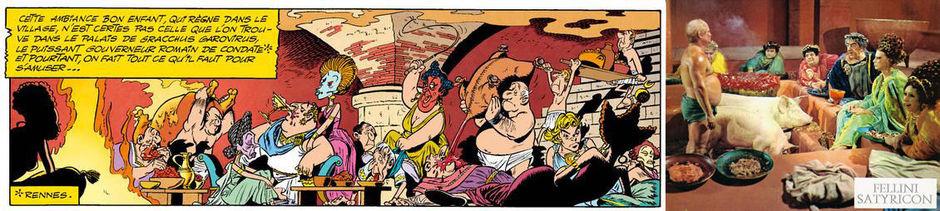 Dans Astérisx chez les Helvètes (1970), Goscinny et Uderzo transposent la scène de l'orgie romaine du Satyricon de Fellini.