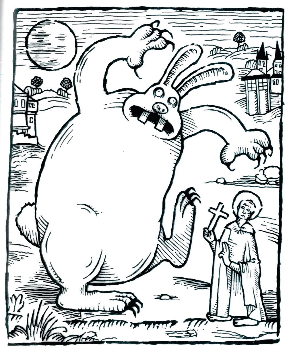 Détail du Livre des monstres inspiré des gravures sur bois médiévales, dessiné par Gavin Lines pour Le Mystère du lapin-garou de Nick Park et Steve Box.