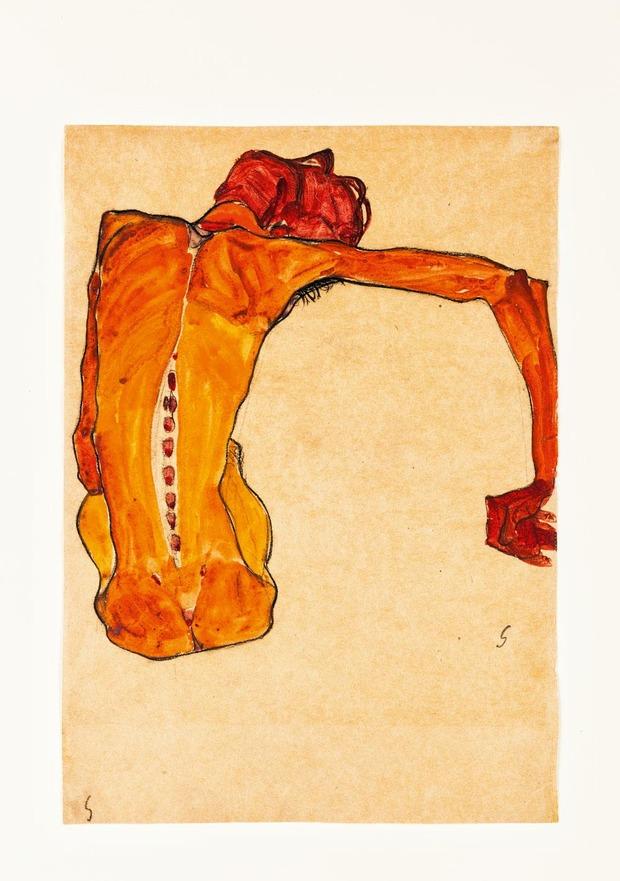Nu masculin assis, vu de dos, Egon Schiele, 1910.