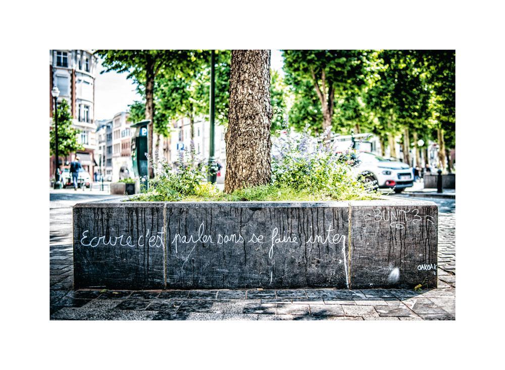 Ce writing devant le numéro 3 de la rue Léon Lepage offre une facette différente du travail d'OAK OAK. Impossible à voir sur l'image, une petite bombe de couleurs appelée 