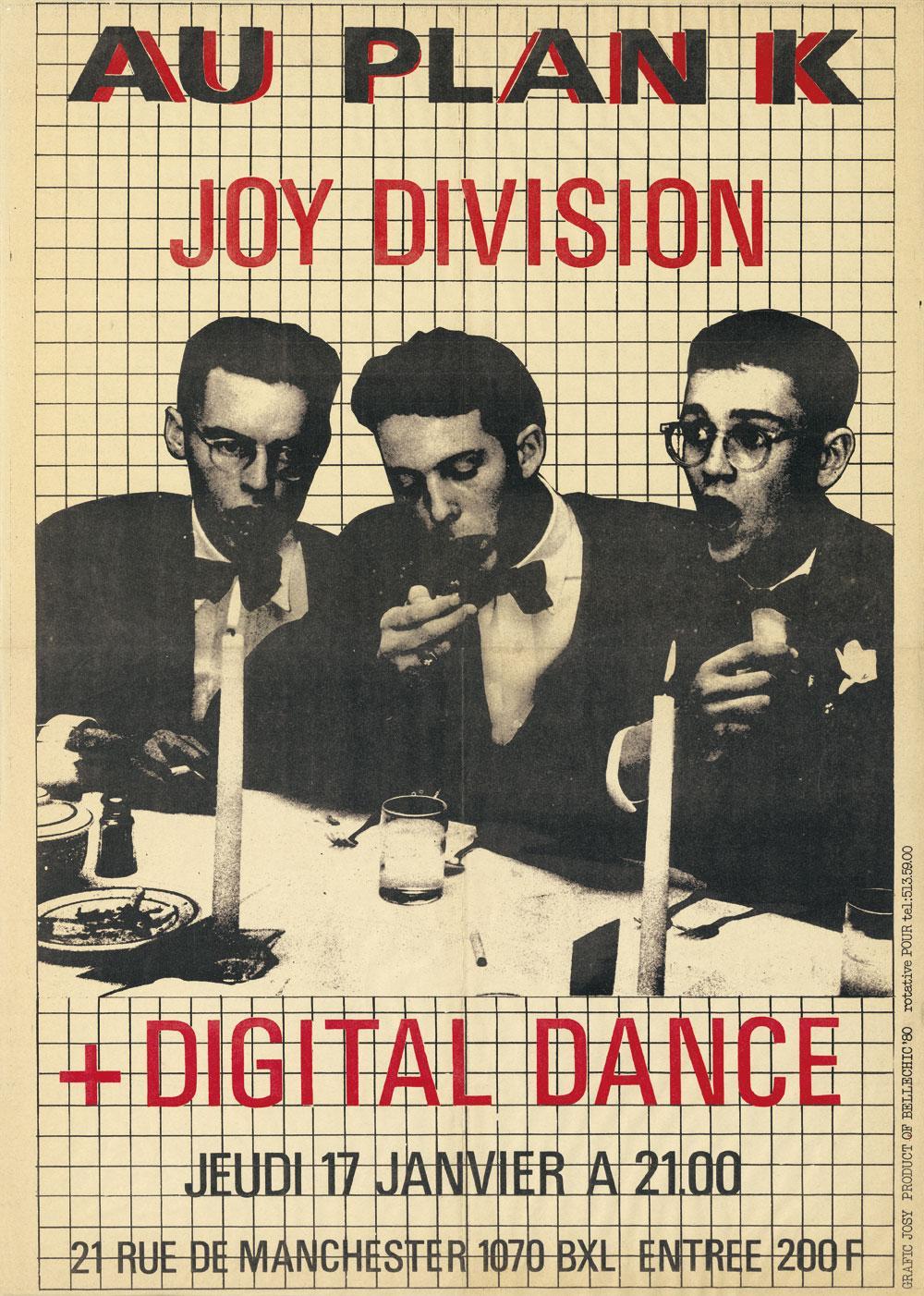 Affiche de Jocelyne Coster pour un concert de Joy Division et Digital Dance au Plan K à Bruxelles, 1980.