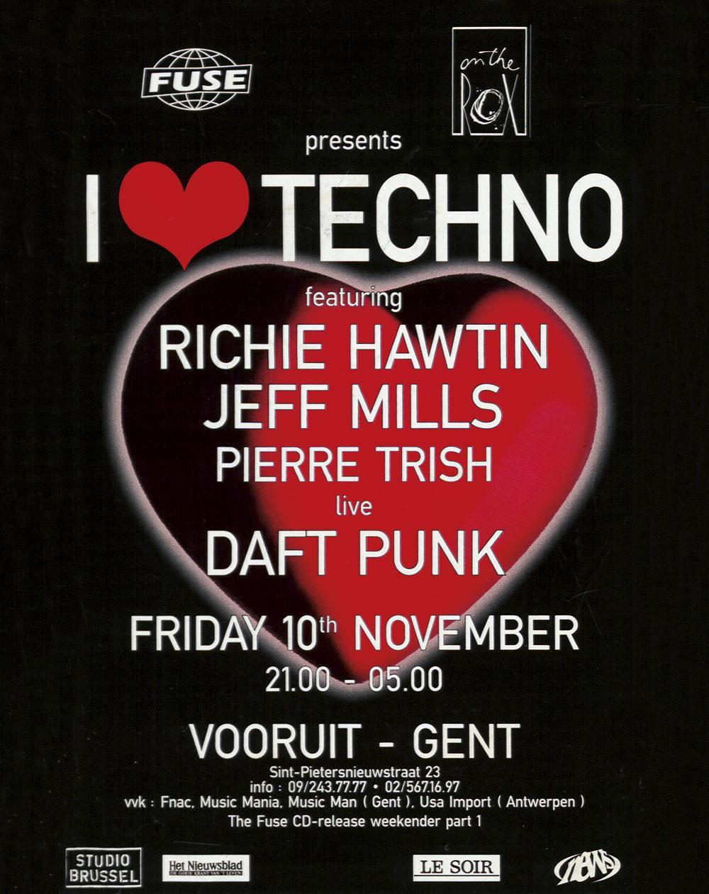 Flyer de Marc Meulemans pour la première édition de I Love Techno, avec entre autres Daft Punk au Vooruit de Gand, 1995.