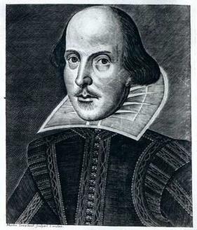 Portrait de William Shakespeare par Martin Droeshout, tiré du Premier Folio, 1622 (34 cm × 22,5 cm).