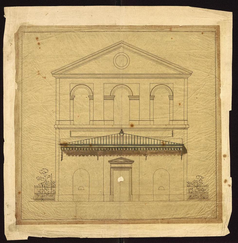 Document inédit tiré des Archives de la Ville de Bruxelles: projet de auvent pour le Théâtre royal du Parc, par Joseph Poelaert (vers 1851).